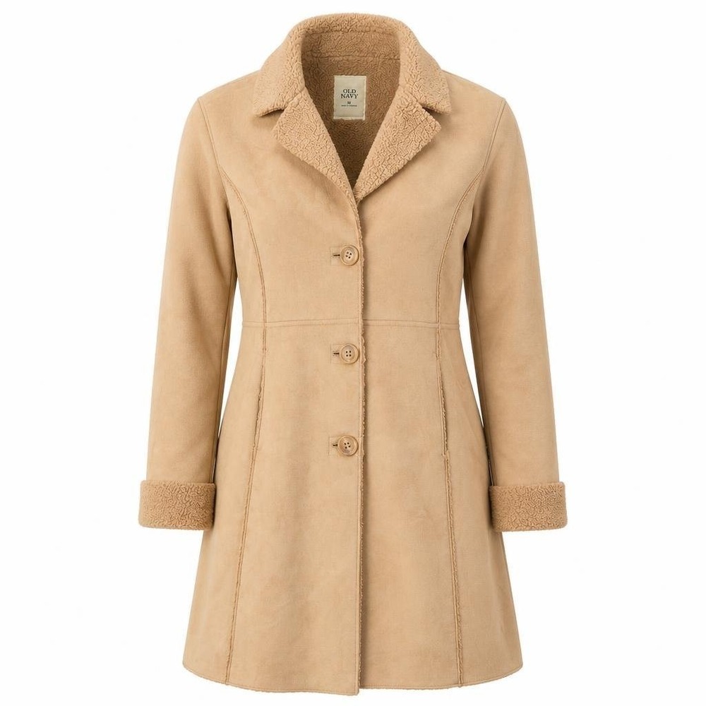 VTG Old Navy Penny Lane Coat Womens M Tan Faux Suede Sherpa Lined Y2K Mob Wife
